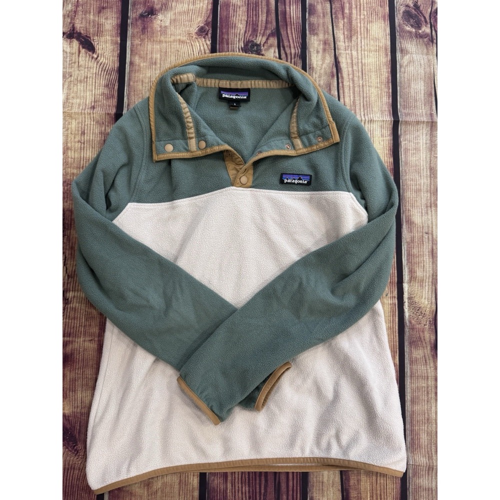Patagonia Women's S Green/White/Tan Colorblock Fleece 1/4 Snap Pullover Logo